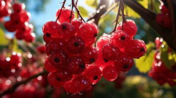 AI generated Ripe red currant berries on a branch in the garden. photo