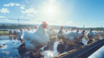 AI generated White chickens on a farm in the sun. The concept of breeding of poultry photo