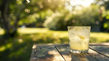 AI generated Iced Lemonade Refreshment Bright and Cheerful Patio Setting with Garnish of Lemon and Mint photo