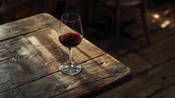 AI generated Cozy Ambiance Captured Glass of Red Wine on Rustic Table Bathed in Soft Natural Light photo