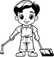 AI generated Cute Boy Cleaning the Floor - Black and White Cartoon Illustration vector