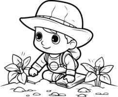 AI generated Coloring book for children Boy with a book in the garden vector