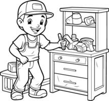 AI generated Coloring Page Outline Of a Little Boy Plumber Repairing Furniture vector