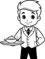 ai generado linda camarero participación un plato con un pastel dibujos animados vector ilustración gráfico diseño