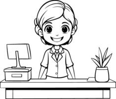 ai generado linda pequeño chico en escritorio con computadora y planta vector ilustración diseño