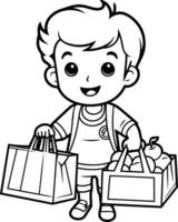 Coloring book for children Boy with shopping bags. Vector illustration