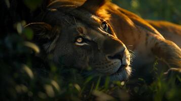 AI generated Majestic Lioness Rests in African Savanna Surrounded by Tall Grass and Expansive Landscapes photo