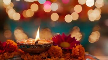 AI generated Softly Lit Diwali Lamp with Colorful Background Decorations Captured in CloseUp photo