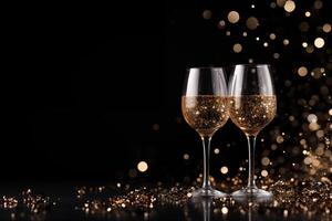 AI generated Horizontal black background with yellow bokeh with a pair of sparkling drink glasses with space for text. festive background for decoration photo