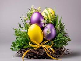 AI generated Close-up. Easter eggs orange and purple lying in green grass in the form of a nest and decorated with flowers and a yellow bow from a thin ribbon photo