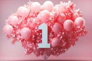 AI generated White large number 1 on a background of balloons and artificial flowers piggy pink color. photo decor first birthday or first anniversary
