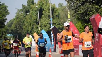 ny delhi, Indien - oktober 15 2023 - vedanta delhi halv maraton lopp efter covid i som maraton deltagarna handla om till korsa de Avsluta linje, delhi halv maraton 2023 video