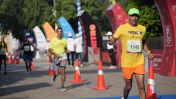 ny delhi, Indien - oktober 15 2023 - vedanta delhi halv maraton lopp efter covid i som maraton deltagarna handla om till korsa de Avsluta linje, delhi halv maraton 2023 video