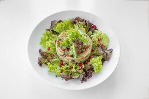 Asian Quinoa Salad with pomegranate seeds and leaves served in a dish isolated on grey background top view photo