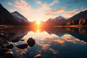 ai generado sereno montaña lago amanecer capturado con amplio ángulo lente en temprano Mañana foto