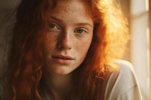 AI generated Candid Teenager with Freckles in Playful Evening Light Captured with Compact Camera photo