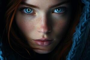 AI generated Striking Blue Eyes of Woman Captured at Dusk with High End DSLR and Prime Lens in Color Rich Style photo