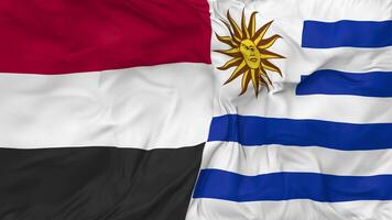 Yemen and Uruguay Flags Together Seamless Looping Background, Looped Bump Texture Cloth Waving Slow Motion, 3D Rendering video