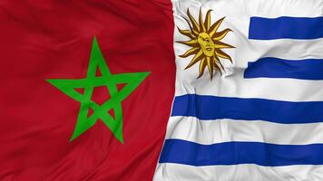 Marokko und Uruguay Flaggen zusammen nahtlos Schleifen Hintergrund, geloopt stoßen Textur Stoff winken schleppend Bewegung, 3d Rendern video