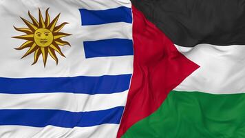 Palestine and Uruguay Flags Together Seamless Looping Background, Looped Bump Texture Cloth Waving Slow Motion, 3D Rendering video