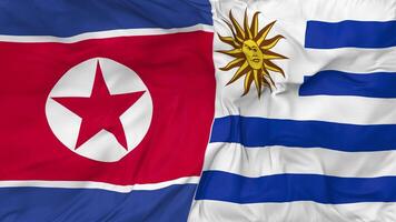 North Korea and Uruguay Flags Together Seamless Looping Background, Looped Bump Texture Cloth Waving Slow Motion, 3D Rendering video