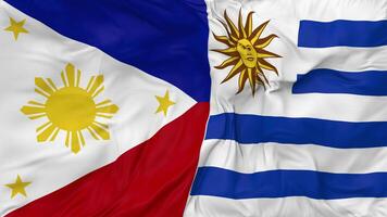 Philippines and Uruguay Flags Together Seamless Looping Background, Looped Bump Texture Cloth Waving Slow Motion, 3D Rendering video