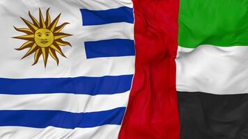 United Arab Emirates and Uruguay Flags Together Seamless Looping Background, Looped Bump Texture Cloth Waving Slow Motion, 3D Rendering video