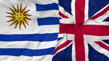 United Kingdom and Uruguay Flags Together Seamless Looping Background, Looped Bump Texture Cloth Waving Slow Motion, 3D Rendering video