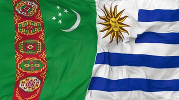 Turkmenistán y Uruguay banderas juntos sin costura bucle fondo, serpenteado bache textura paño ondulación lento movimiento, 3d representación video