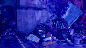 A Towering Heap of Discarded Waste Illuminated by Neon Lights on a Night Street video