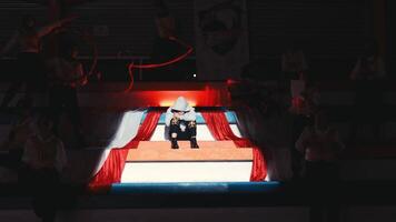 Top view of a wrestling ring with two athletes competing, illuminated by spotlights in a dark arena. video