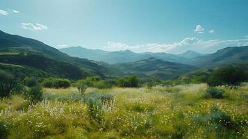 AI generated Lush Greenery Frames Majestic Mountain Range Under Clear Blue Sky photo