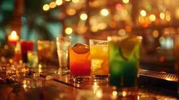 AI generated Festive Cocktail Party Colorful Drinks on Rustic Bar Softly Lit with Warm Tones photo