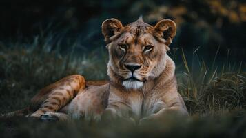 ai generado majestuoso leona descansa en africano sabana con suavemente borroso paisaje foto