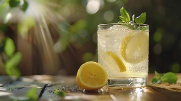 AI generated Refreshing Lemonade Served on Rustic Table Captured in Closeup with Condensation and Lemon Slice photo