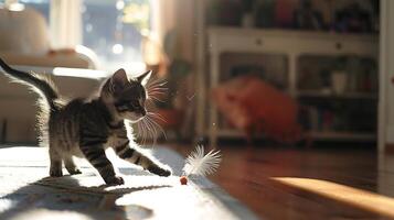 ai generado juguetón gatito persecuciones pluma juguete en iluminado por el sol vivo habitación bañado en suave natural ligero foto