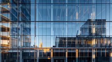 AI generated Modern Glass Office Building Reflects Cityscape Wide Angle Lens Captures Urban Environment photo