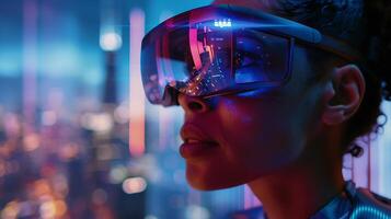 AI generated Immersive Virtual Reality Experience with Futuristic Digital Graphics captured with CloseUp Shot Using 50mm Lens photo
