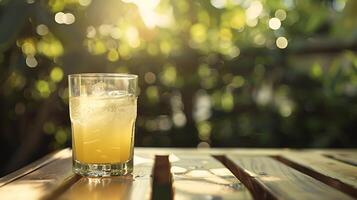 AI generated Refreshing Iced Lemonade Sunlit Patio Medium Closeup with Condensation Focus photo