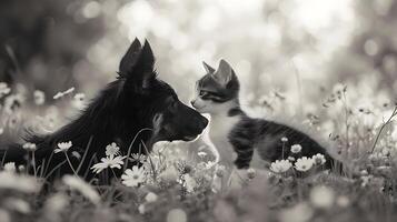 ai generado adular gatito y frontera collie abrazo puro enlace en medio de iluminado por el sol prado flores silvestres y incondicional amor foto