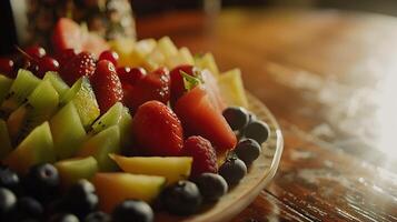 AI generated Inviting Fruit Platter Colorful Display Bathed in Soft Natural Light on Wooden Table photo