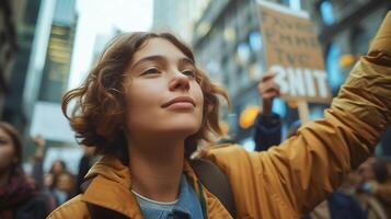AI generated Young Activist Leads March with Protest Banner Amid Urban Rally photo