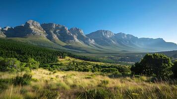 AI generated Serene Mountain Range Embraced by Clear Blue Sky and Lush Greenery photo