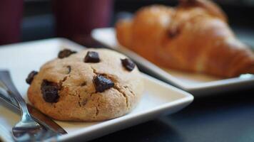 closeup of chocolate chip cookies on a plate video