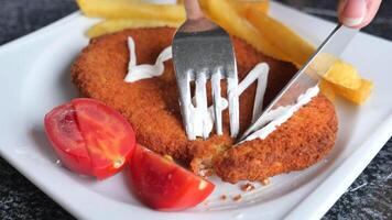 eating Chicken schnitzel served with potato chips video