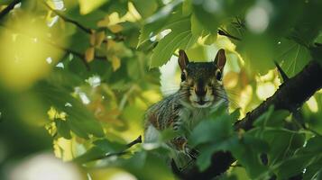 AI generated Curious Squirrel Perched on Branch Bathed in Soft Natural Light Amid Vibrant Green Foliage photo