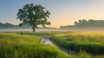 ai generado tranquilo amanecer prado árbol y balbuceo arroyo reflejando el espectro de humano emociones foto