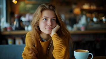 AI generated Young Woman Smiles and Works at Cozy Home Office Bathed in Soft Natural Light photo