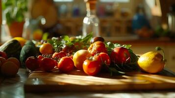 ai generado vibrante frutas y vegetales en de madera corte tablero bañado en suave natural ligero foto