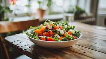 ai generado vistoso ensalada chapado en rústico mesa bañado en suave natural ligero foto